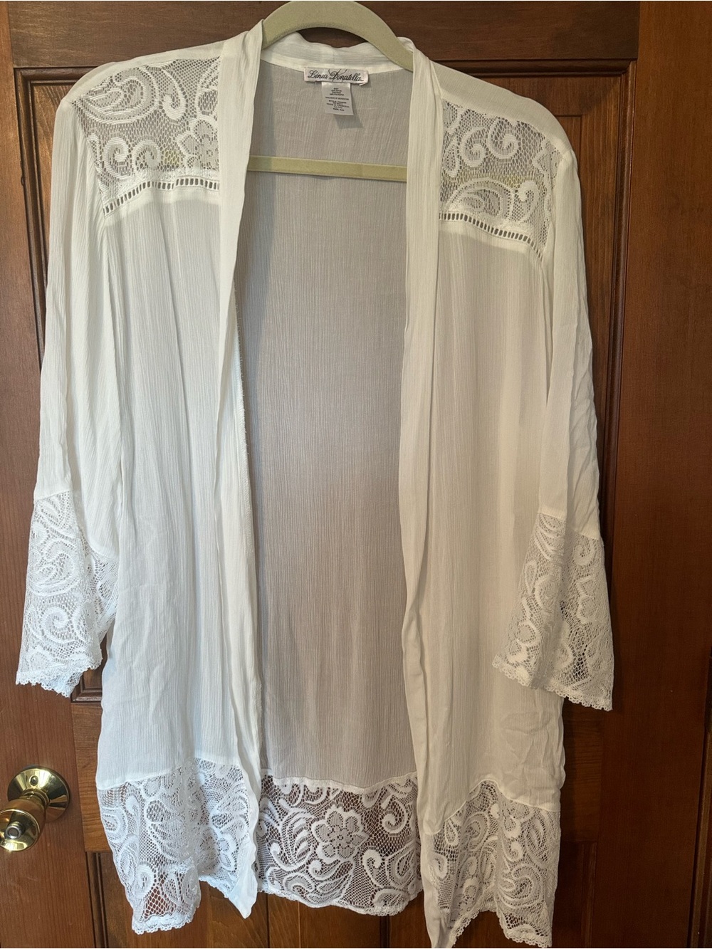Linea Donatella White Lace-Trim Sheer Kimono Robe